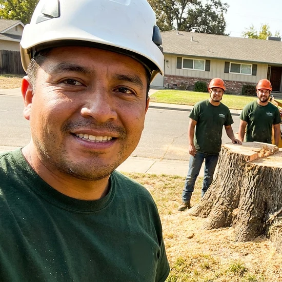 Smiling HLI Tree Experts crew selfie after removing a large oak in Riverside