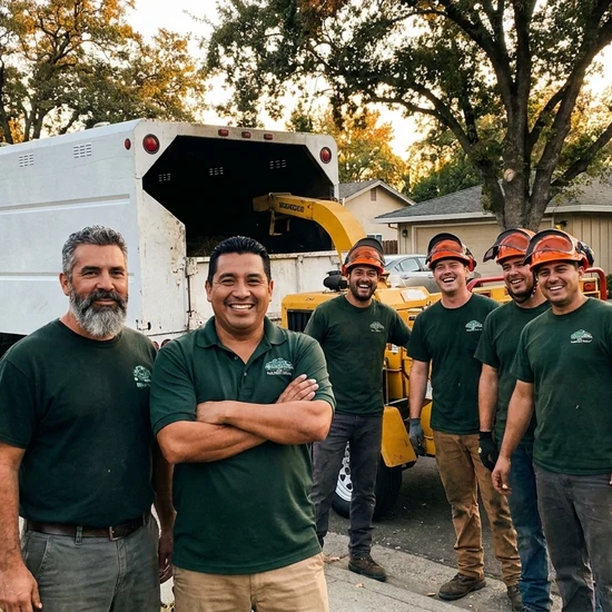 Tree service owner and crew with chip truck on a Riverside street