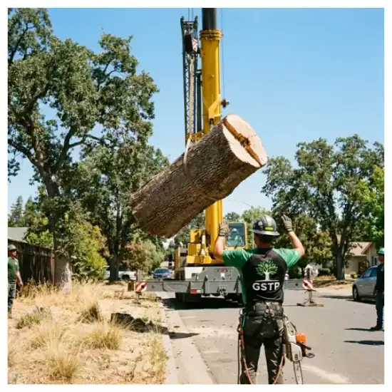 Crane lowering a tree section during a Riverside removal